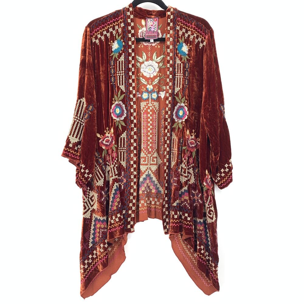 JWLA Johnny Was Velvet Kimono Womens XL Brown Embroidered Draped Cardigan